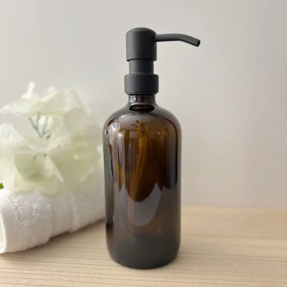 16 OZ. GLASS SOAP DISPENSER W/ METAL PUMP (AMBER GLASS/BLACK PUMP)